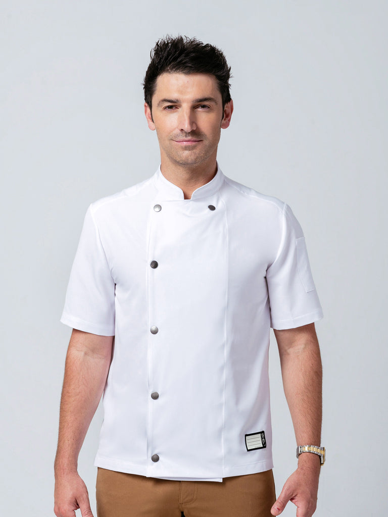 Man wearing Helt Studio's Midtown Chef Coat in white.