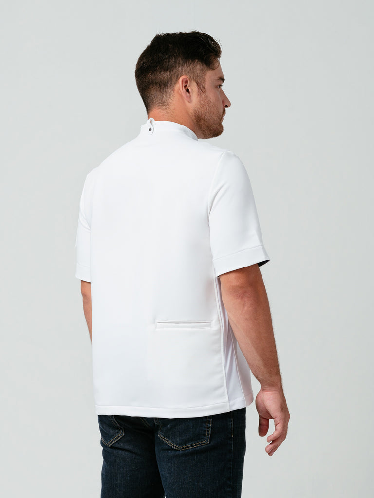 Man modeling the back of Helt Studio's Hipster Chef Coat in white.