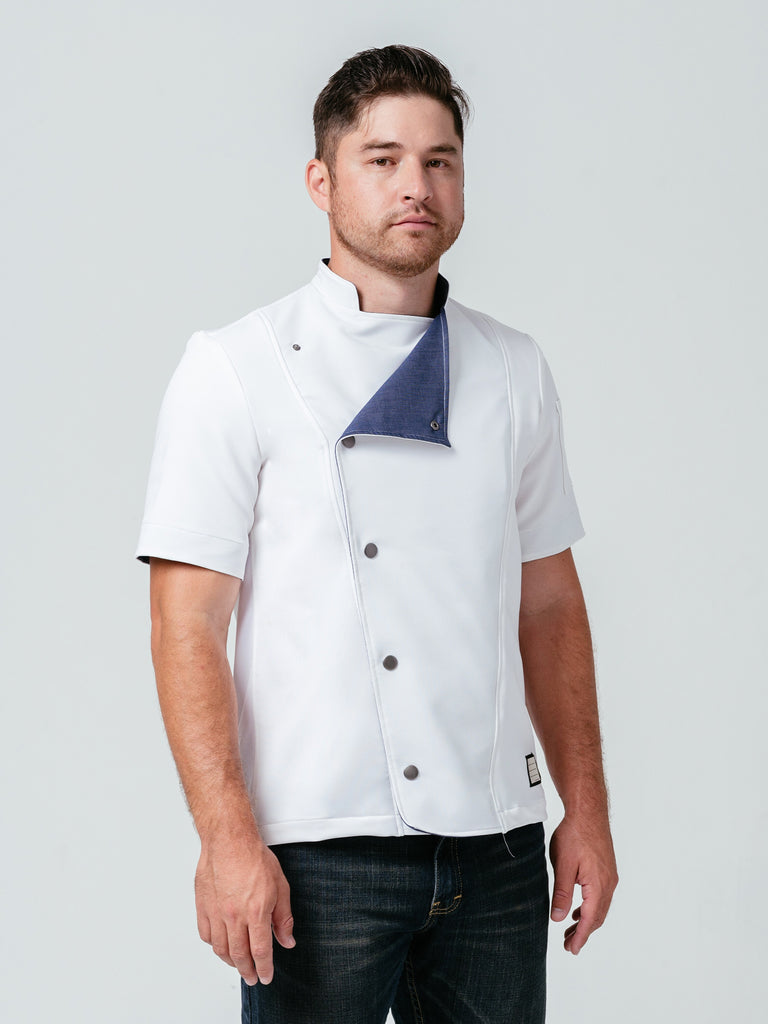 Man modeling Helt's Hipster Chef Coat in white with top of coat unbuttoned.