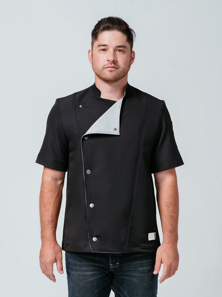 Man modeling Helt's Hipster Chef Coat Noir with top of coat unbuttoned.