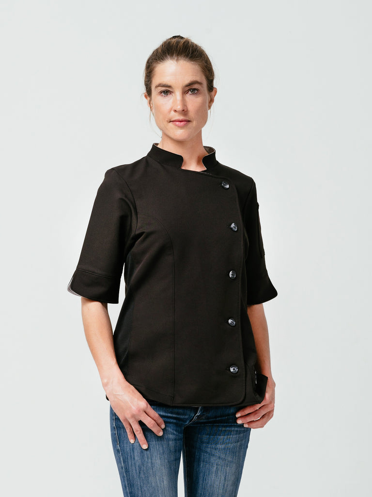 Woman modeling Helt's Stephany Chef Coat in black.