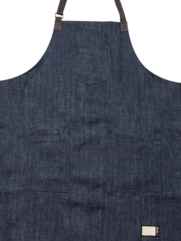 Frontal view of Raw Bar Denim Chef Apron with Pockets.